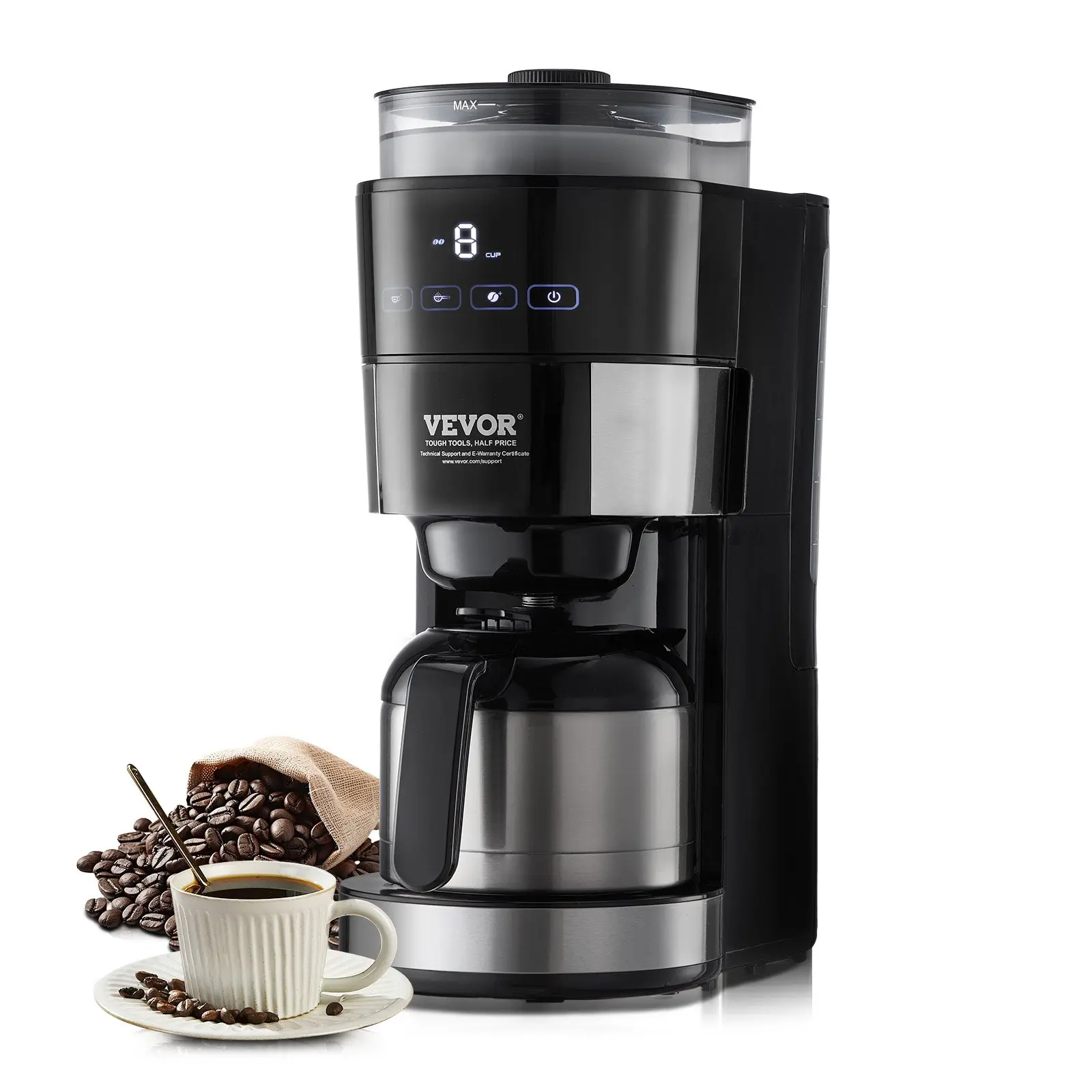 VEVOR 8-Cup Programmable Grind-and-Brew Drip Coffee Maker with Grinder, 24-Hour Timer, Reusable Filter for Home & Office
