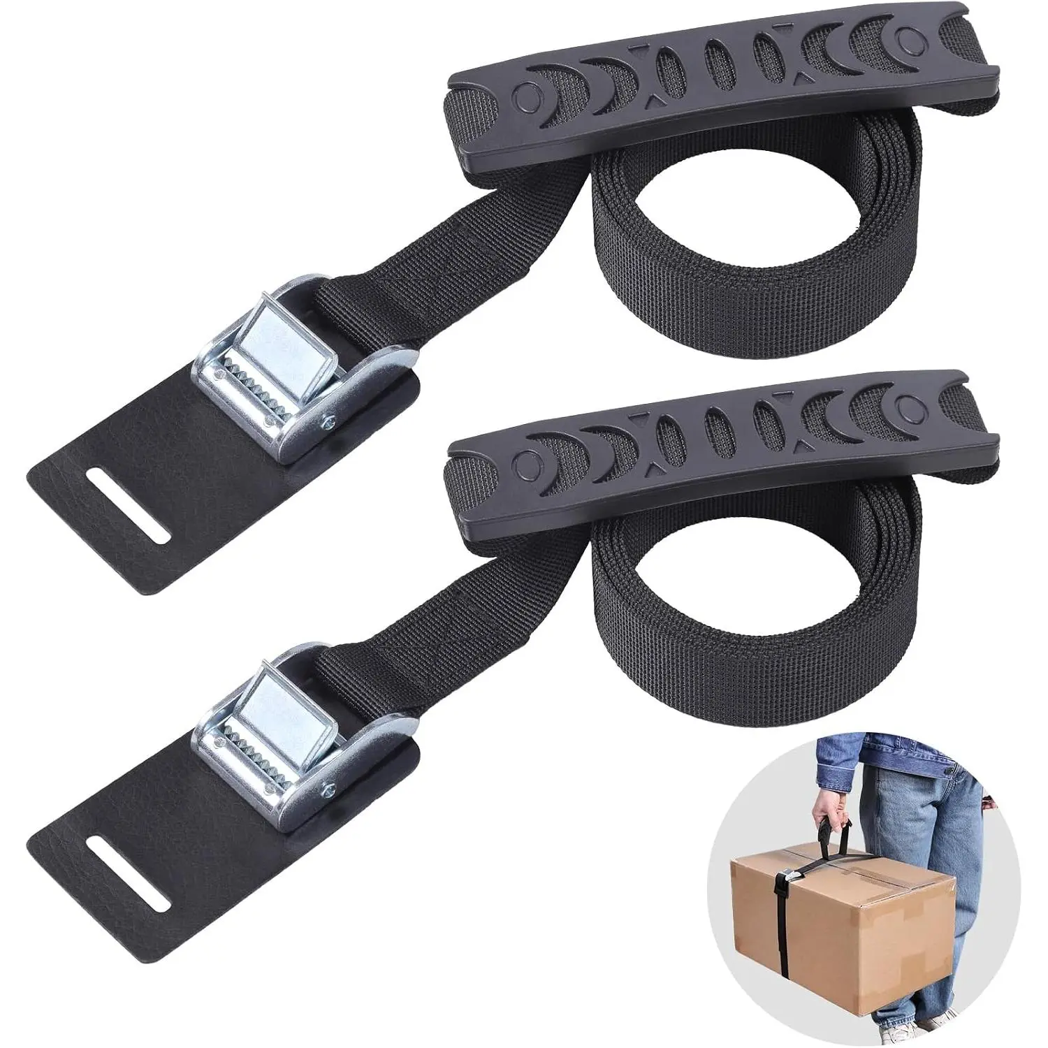 5' Carrying Strap with Handle, Adjustable Heavy Duty Cam Buckle Tie Down Straps for Safely Moving and Lifting Heavy Boxes, Camping Chairs and Mat (Black, 2 count)