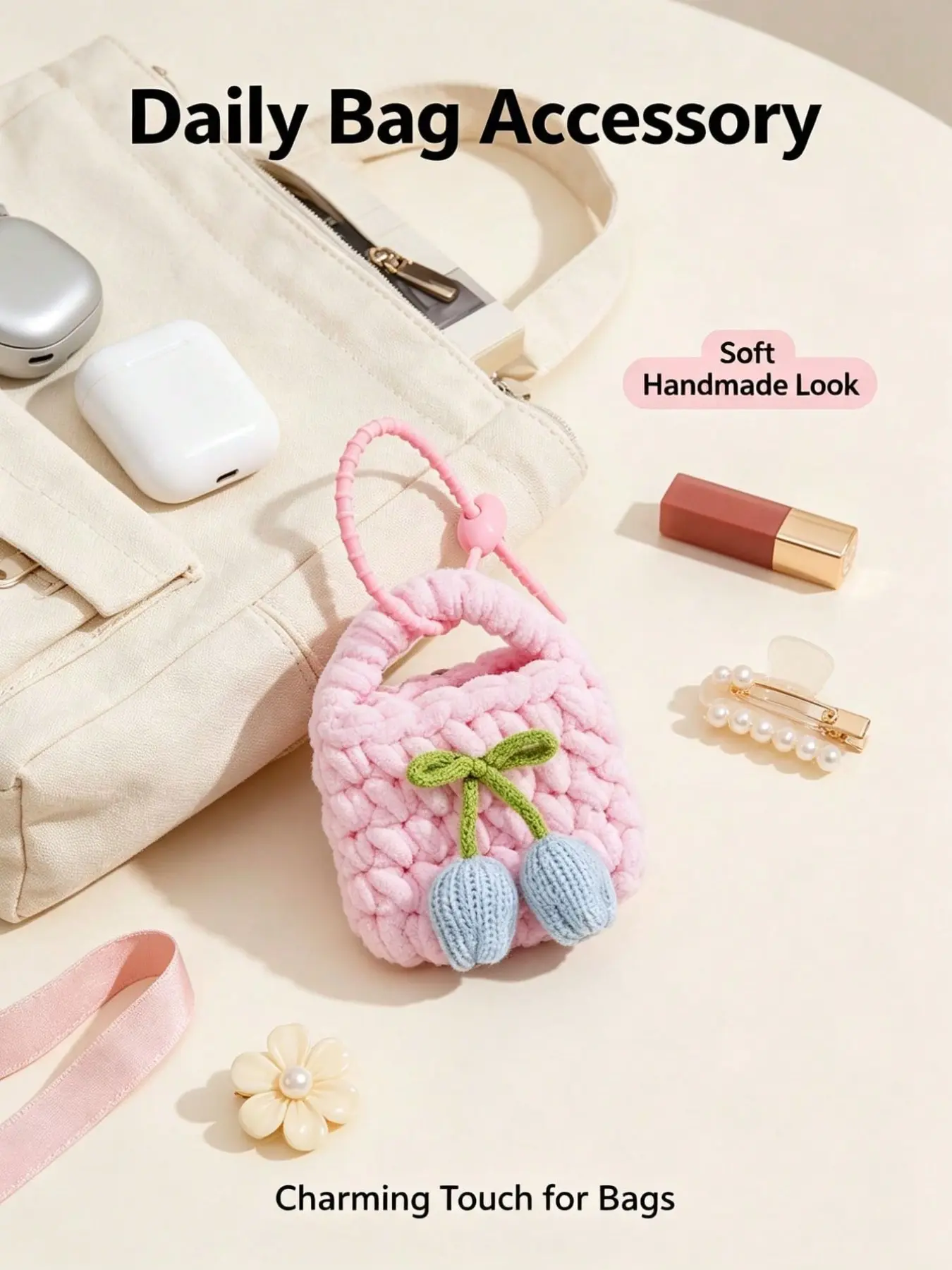 Creative Tulip Handmade Crochet Mini Coin Purse Cute Knitted Portable Earphone Storage Pouch Bag Charms Accessory for Girls