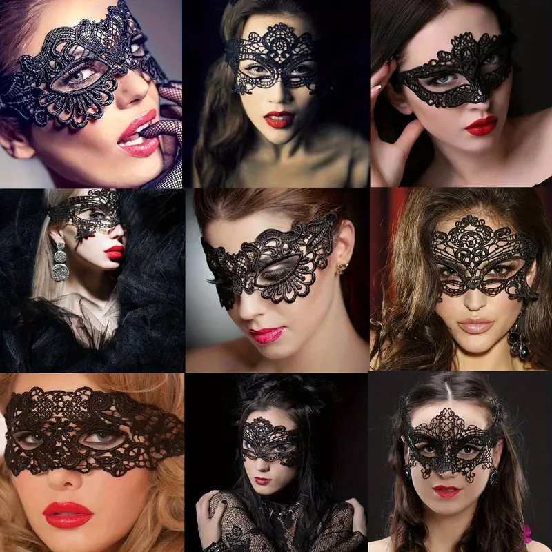 5 Pack Black Fabric Lace Eye Mask Suitable for Dances, Music Festivals, Cosplay & Masquerade - Half Face Mask with Random Retro Hollow Flower Patterns, Women' Role Play Accessories for Themed Parties, Masked Balls & Costume Events