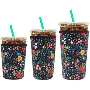 Reusable Neoprene Insulator Sleeve for Iced Coffee Cups, 3 Pack Coffee Coolies sleeves for Iced & Hot Drinks, Cold Beverage Cooler Compatible with Starbucks Coffee and More (Little Flower)