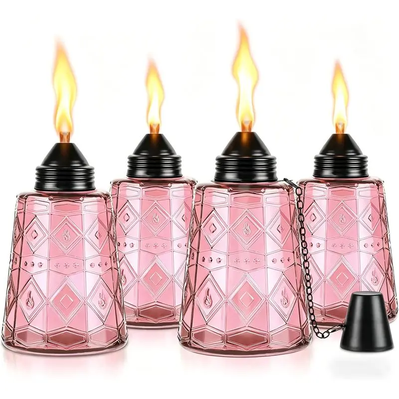 4-Pack Glass Table Torches - 12oz Refillable Citronella Torches Canisters for Outdoor, Includes Wick & Cap, Decorative Lanterns for Patio, Garden, Yard, Party, Landscape (4 Pack-Pink)