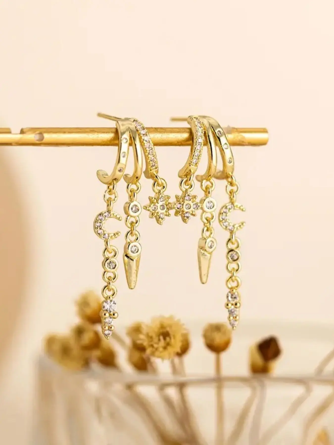 Women's Fashion Silver Color Triple Stud Earrings, Elegant Drop Earrings, Long Chain Pendant, Anti-Tarnish Jewelry, All Seasons
