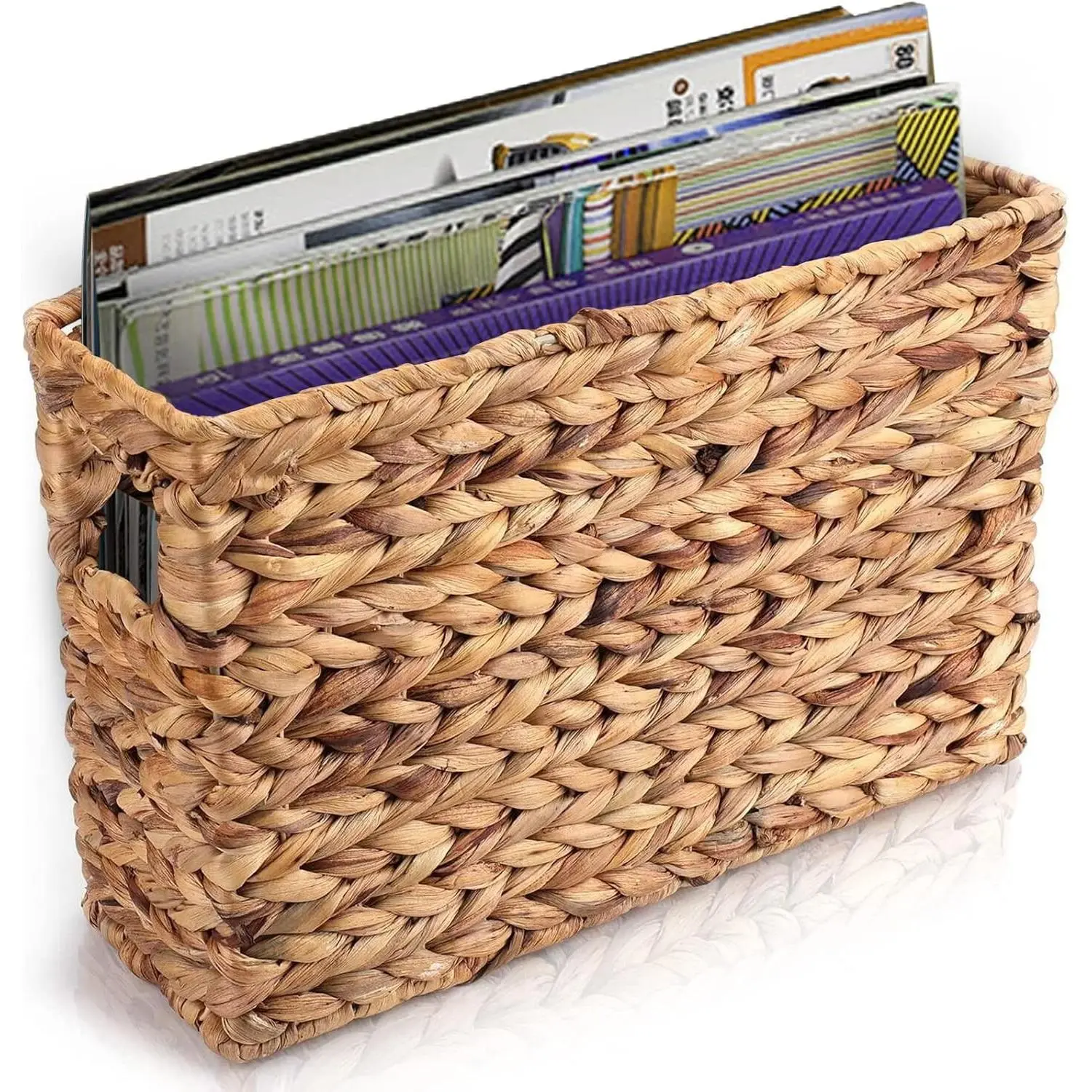 Hand-Woven Narrow Water Hyacinth Holder Wicker Basket, 15.5 x 5.5 x 9.75 Inch Decorative Magazine Storage Basket Bin for Home, Office, Desk