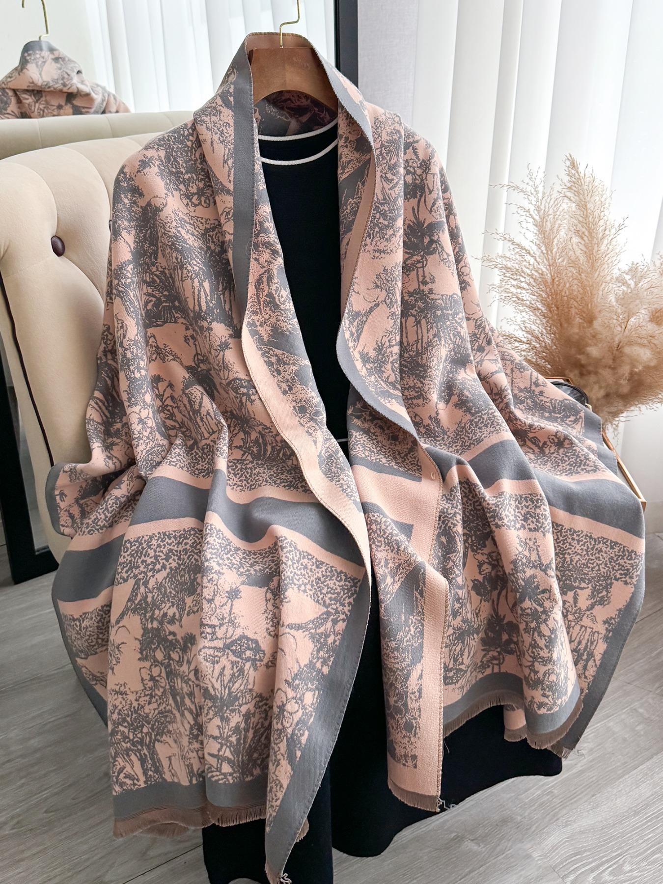 Women's Boho Style Plants Print Double Sided Shawl, Casual Trendy Floral Embroidered Scarf for Fall & Winter, Fashion Accessories for Daily Wear