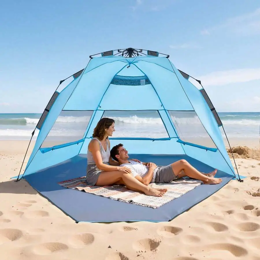 Beach Tent Sun Shelter For 4 Person, Pop Up Beach Tent UPF 50+ Protection, Portable Sun Shade Canopy With Carrying Bag And Sand Pockets, Easy Setup Umbrella For Camping Fishing Outdoor Picnic