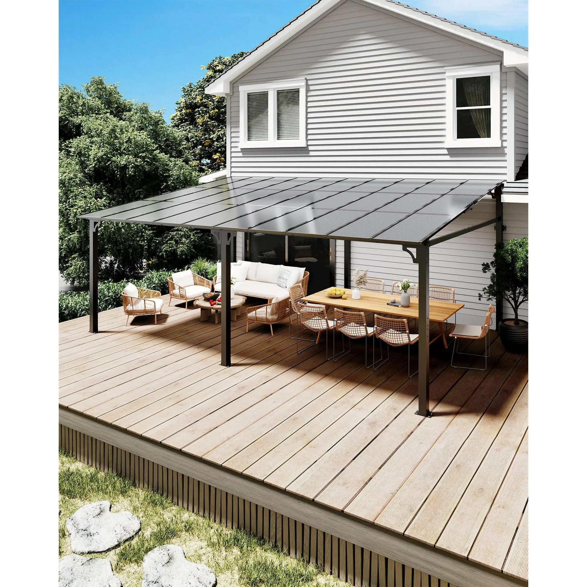 Lean-to Wall-Mounted Hardtop Gazebo 12x20 ft - UV-Resistant Polycarbonate Roof, Aluminum Frame, Patio Pergola