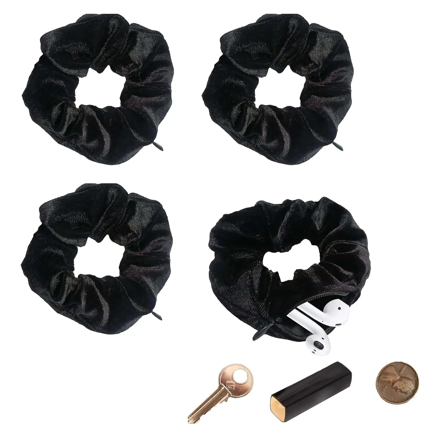 Scrunchie with Zipper Pocket for Women - Hair Tie with  Storage Compartment for , Lipstick,  & Valuables |  Compartment Items for Travel (Black, 4 count)
