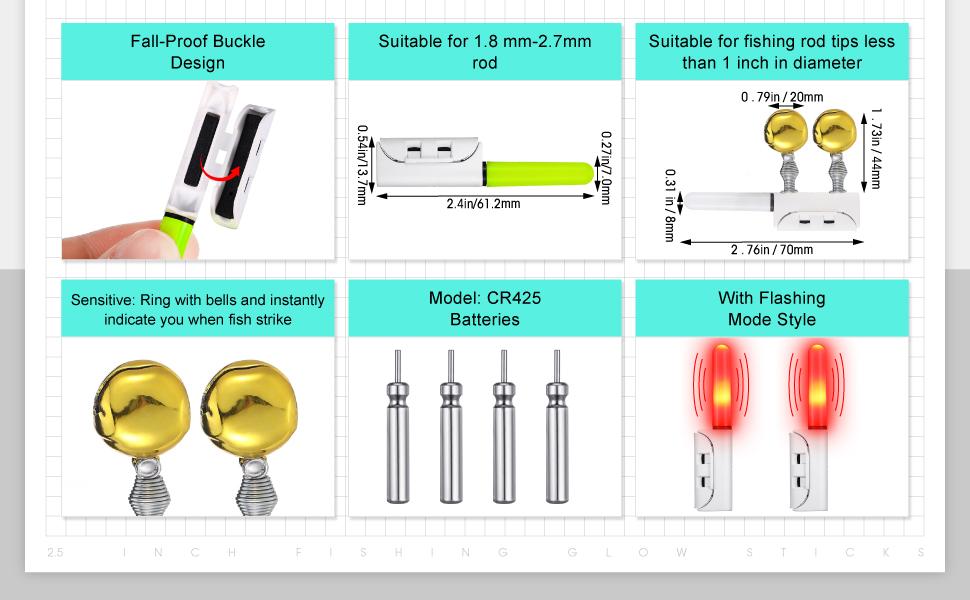 Retisee 9 Pcs 2.5 Inch Fishing Glow Sticks LED Fishing Pole Light Night Fish Strike Alert Glow Stick Bite Alarm Night Fish Rod Waterproof Luminous Rod