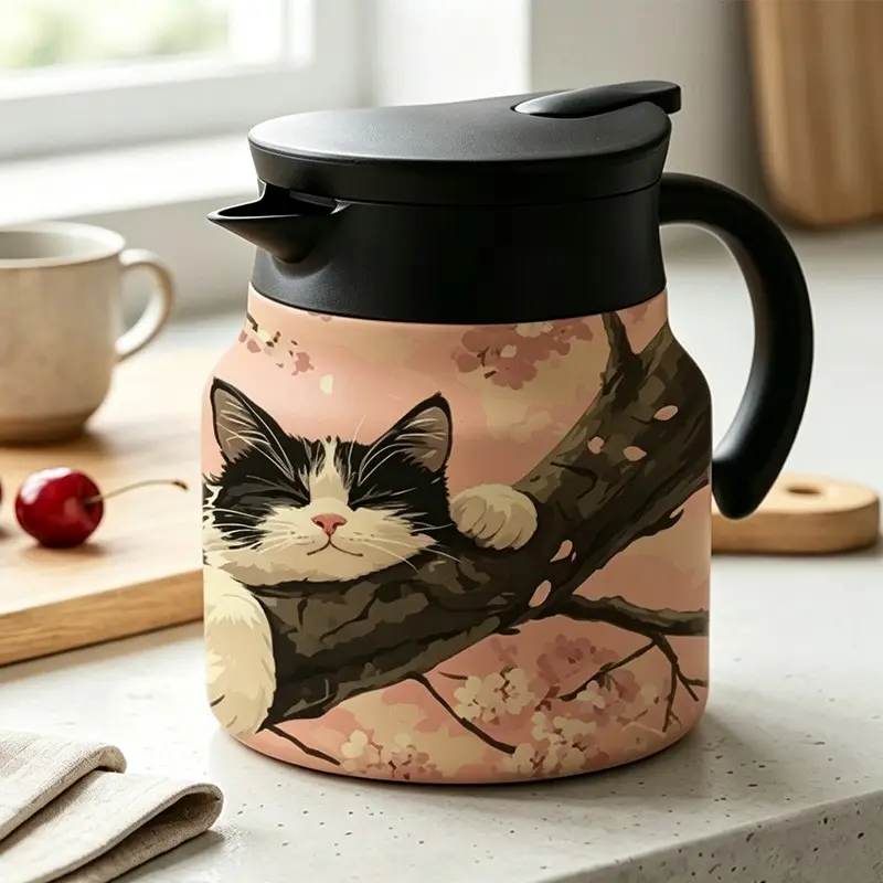 Cute Cat & Cherry Blossom Design Insulated Coffee Pot, Large‑Capacity Stainless Steel Thermal Carafe, Hot Water Pitcher with Handle for Home Kitchen Office, Heat‑Retaining Beverage Jug