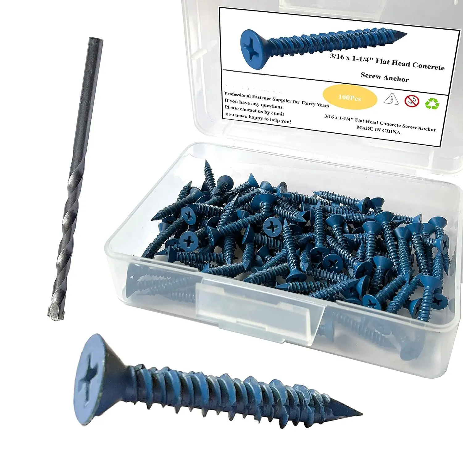 3/16 x 1-1/4" Flat  Concrete Screw Anchor, for Anchoring to Masonry, Block or Brick (100Pcs)