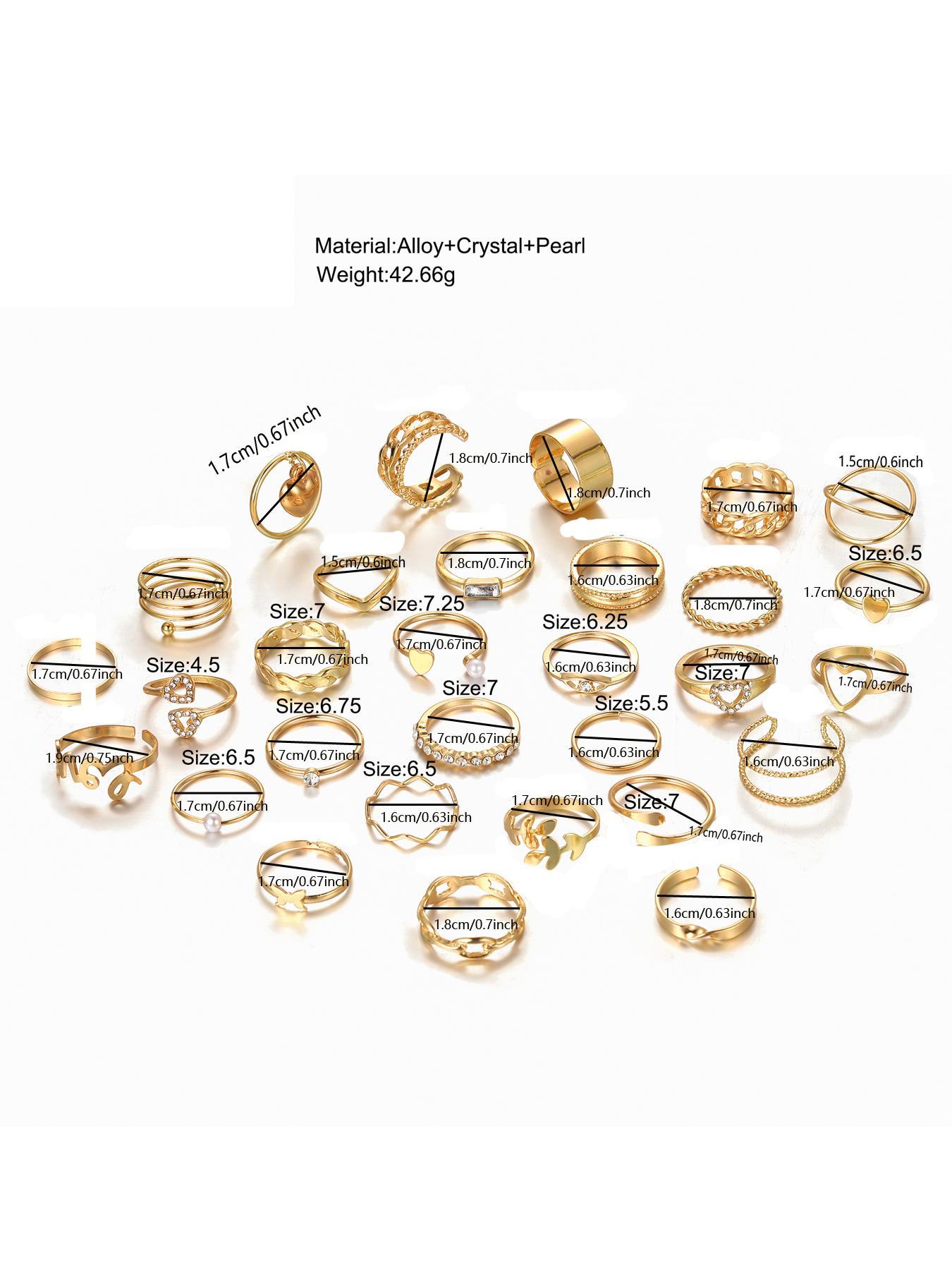 30pcs/set Women's Elegant Rhinestone Decorated Butterfly, Heart & Leaf Design Ring, Cute Rings, Vintage Casual All-match Jewelry for Girls Gift, Simple Classic Fashion Accessories for Daily Wear