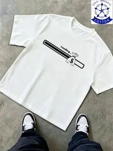 100% Organic Cotton Men's Loose Fit T-Shirt, Fun Streetwear with 'loading...' Wallet Pattern, Casual Short Sleeve Top, Fashionable Long Tee
