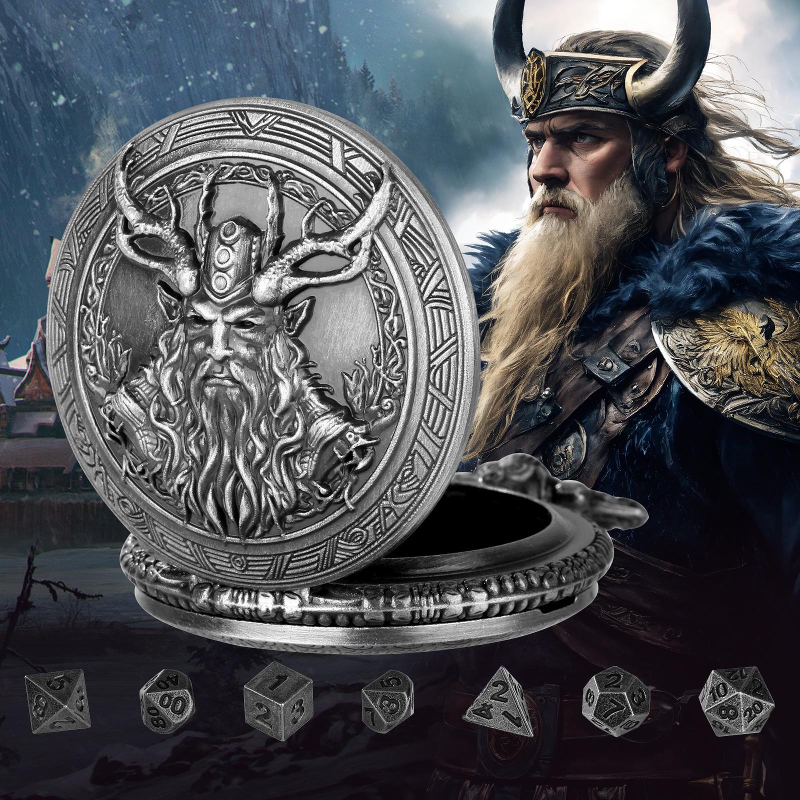 Druid Half Orc Design Pocket Watch Gift Box Set, 1 Set Vintage Pocket Watch with 1 Count Chain & 7 Counts Dice, Role Playing Game Dice Props