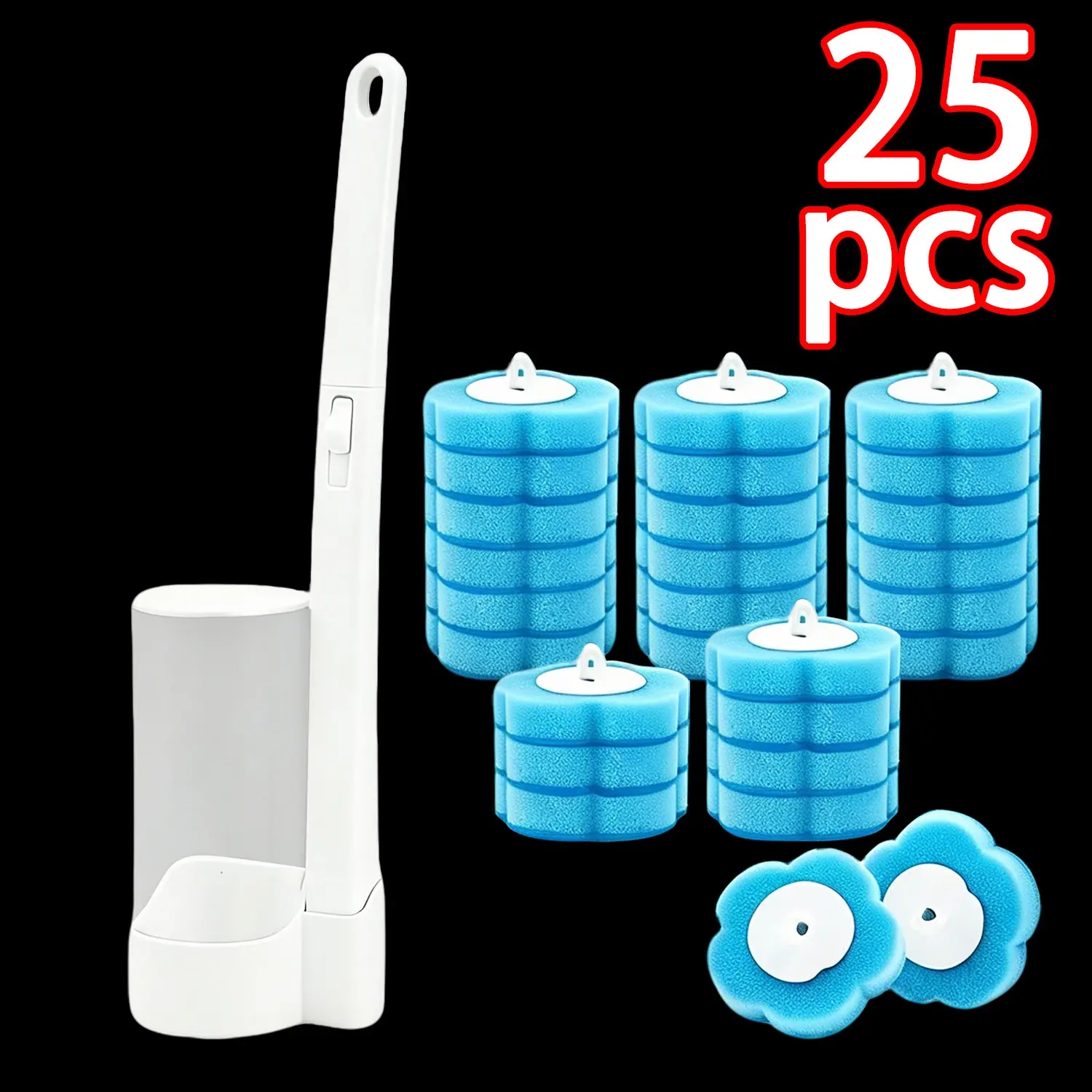 25-Piece Disposable Toilet Brush Set, Extended Handle + 24 Brushes, Bathroom Cleaning, Blue Ocean Scent, Summer Atmosphere, Toilet Bowl Brush
