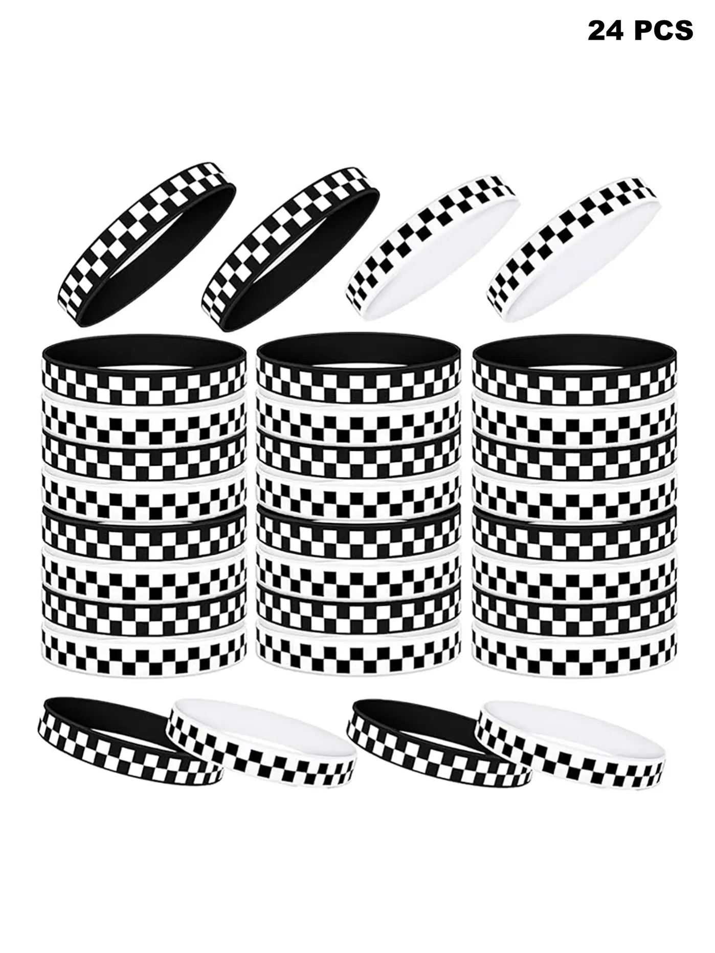 24-Piece Checkered Racing Party Wristbands, Silicone Bracelets Stack with Checkered Pattern, Racing Theme Birthday Party Supplies, Men's Wristbands Set