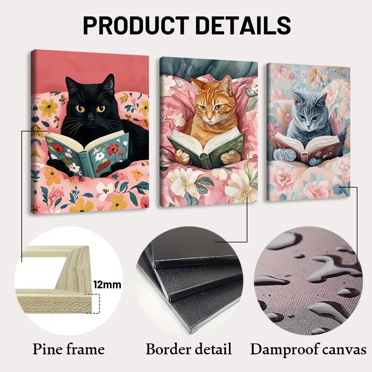 Cat Reading Book Pattern Canvas Painting with Frame, 3 Counts/set Colorful Animal Reading, Wall Decor for Home Living Room Bedroom Office Hanging Wall Art