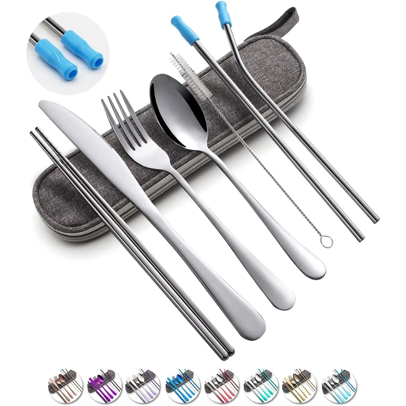 Travel Utensils Set with Case  Portable Cutlery Set Stainless Steel 8 count Including Dinner  Fork Spoon Chopsticks Straws() | Dishwasher Including Dinner  Fork Spoon Chopsticks Straws Travel Fork Spoon  for Work, School, Camping ().