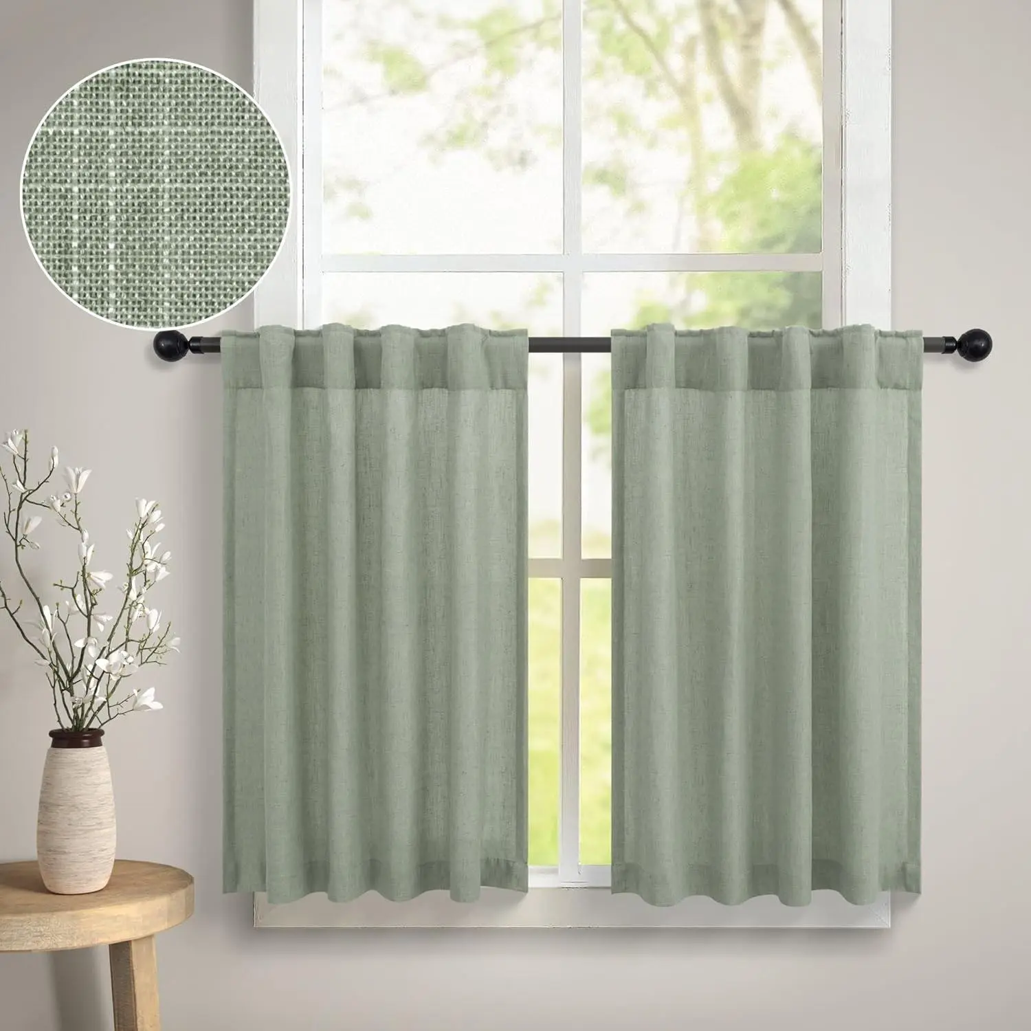 2 Panels 30x30 Inch Cafe Curtains Back Tab Pocket Semi Sheer Linen Short Small Curtain for Kitchen Window Over Sink Bathroom Living Room Light Green