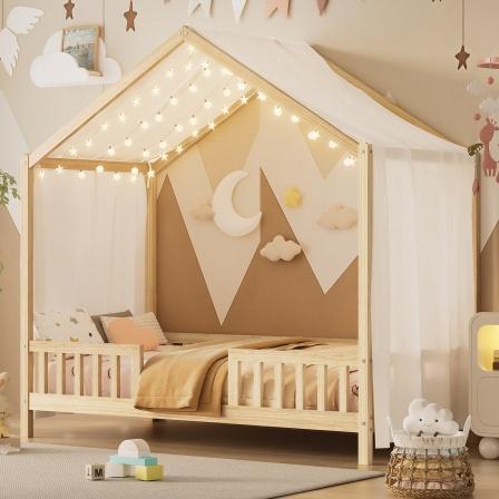 [Bellemave]Montessori Floor Bed with Canopy, Twin / Full Bed Frame for Kids, House Shape Toddler Bed Frame with High Railings, Wood Kids Bed with Roof, Kid Twin Bed, Natural