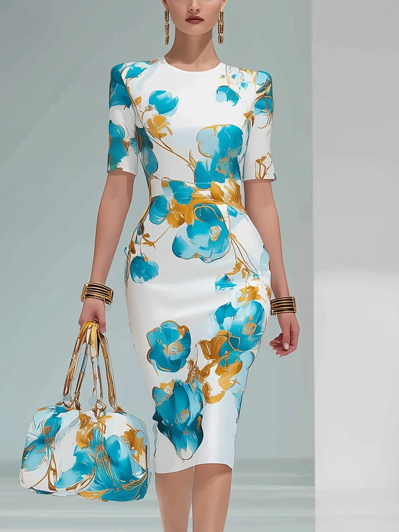 Elegant Floral Print Round Neck Short Sleeve Midi Dress, Women's Slim Fit Medium-Length Dress, Stylish and Comfortable Daily Wear