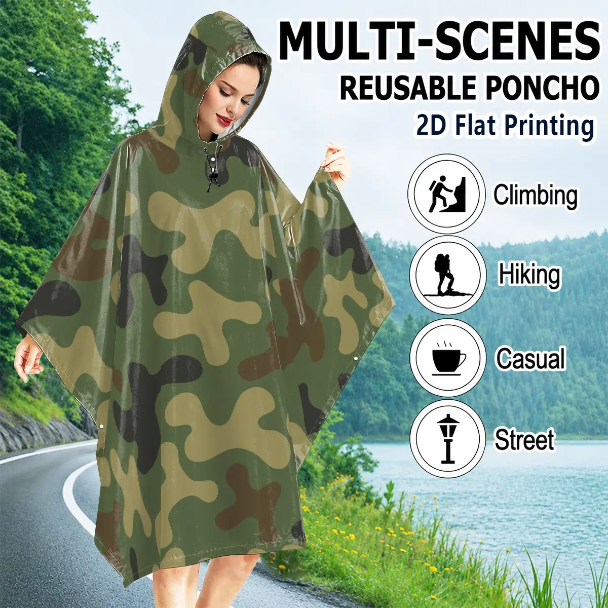 Outdoor Jungle Texture Print Waterproof Raincoat, Lightweight Reusable, Ideal for Cycling, Hiking, Camping, Fishing, Daily Use