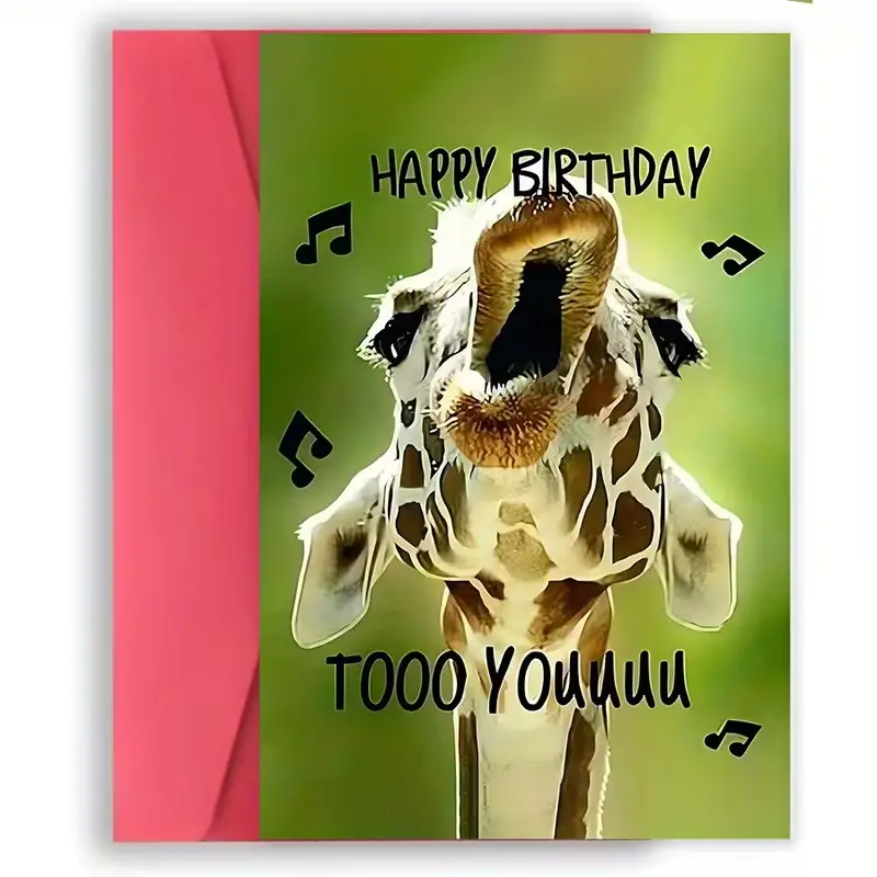 Funny Giraffe Birthday Card with Envelope, Singing Giraffe Music Theme Design, Humorous Animal Greeting Card, Cute Ugly Animal Style Gift Card for Friends, Family, Coworkers and Animal Lovers