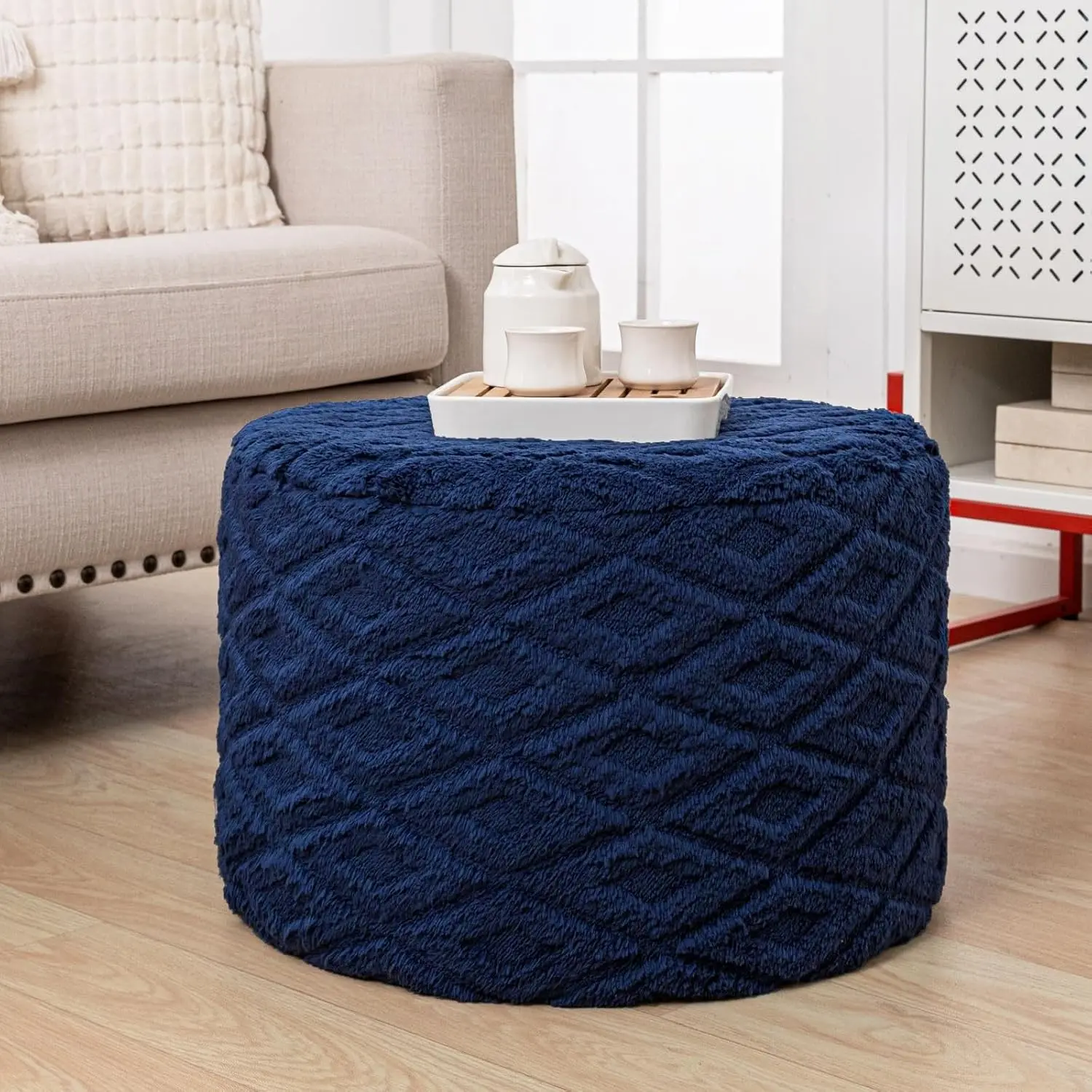 Round Ottoman Pouf, All-in-One Foam Filling Foot Rest 20x14In Navy | Stuffed Floor Pouf,Ottoman Foot Stool for Couch,Stuffed Pouf,Boho Floor Seating,Bean Bag Ottoman for Living Room Bedroom Dorm