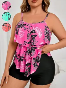Plus Size Summer New Large Round Neck Multi-Layer Ruffle Skirt Plant Print Briefs Casual Holiday Beach Leaf Print Tankini Swimsuits Women Set