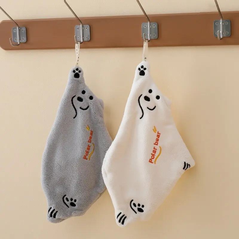 2Pcs Adorable Polar Bear Hanging Hand Towels, Soft Coral Fleece Highly Absorbent Cartoon Plush Towels for Kitchen & Bathroom Decor