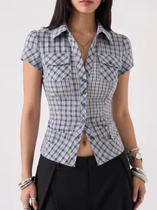 Women Retro Gingham Check Button Down Cropped Blouse Lapel Neck Double Chest Pocket Slim Waist Separate Casual Top