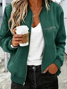 Elegant Women's New Zipper Sweatshirt Jacket, Letter Print, European Street Style, Casual All-Season Fashion Coat