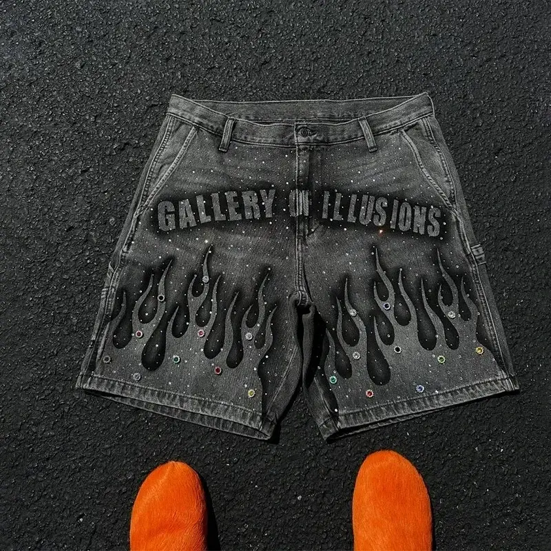 Gothic Retro Hot Diamond Denim Shorts for Men | Streetwear Hiphop Style | Casual High-Waist Jeans for Summer