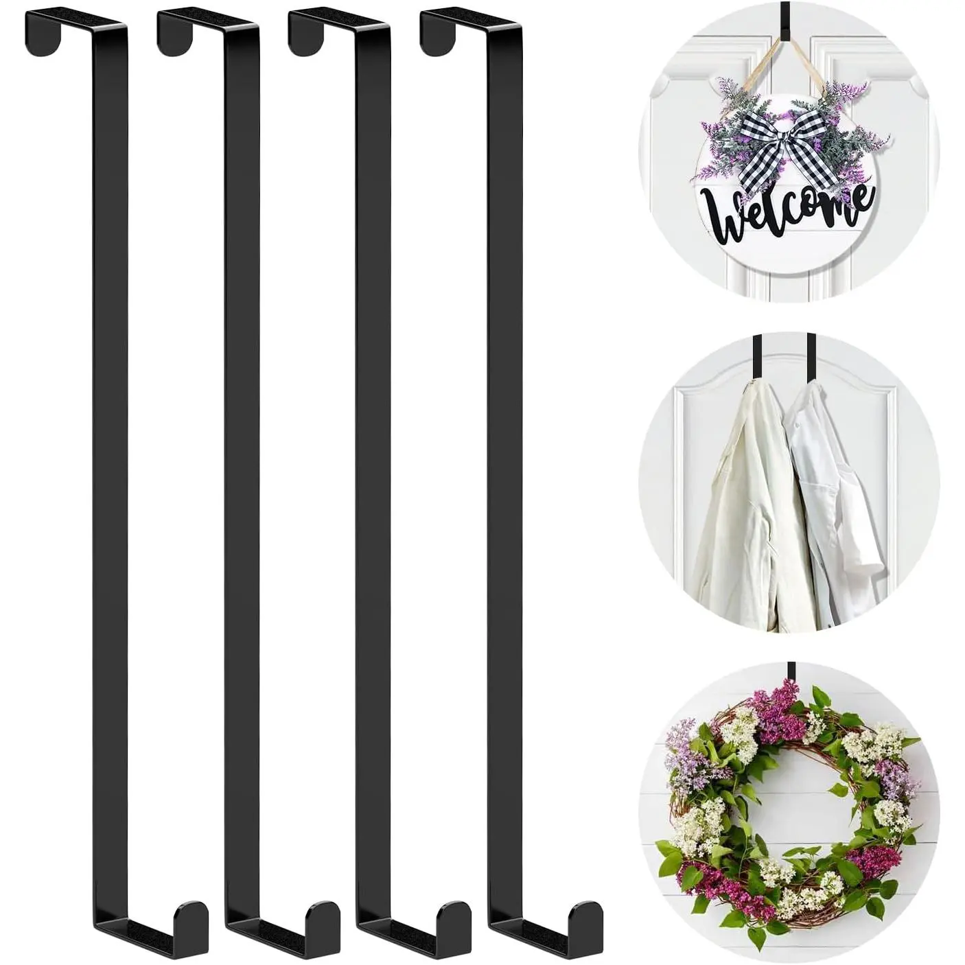 14-inch Reversible Wreath Hangers (4 PCS) Fit /4" & /8" Door Widths | Heavy-duty Metal Over The Door Hooks up to 40 LBS, No Scratch Door Hangers for  Clothes, Towels, Seasonal Decor, Black