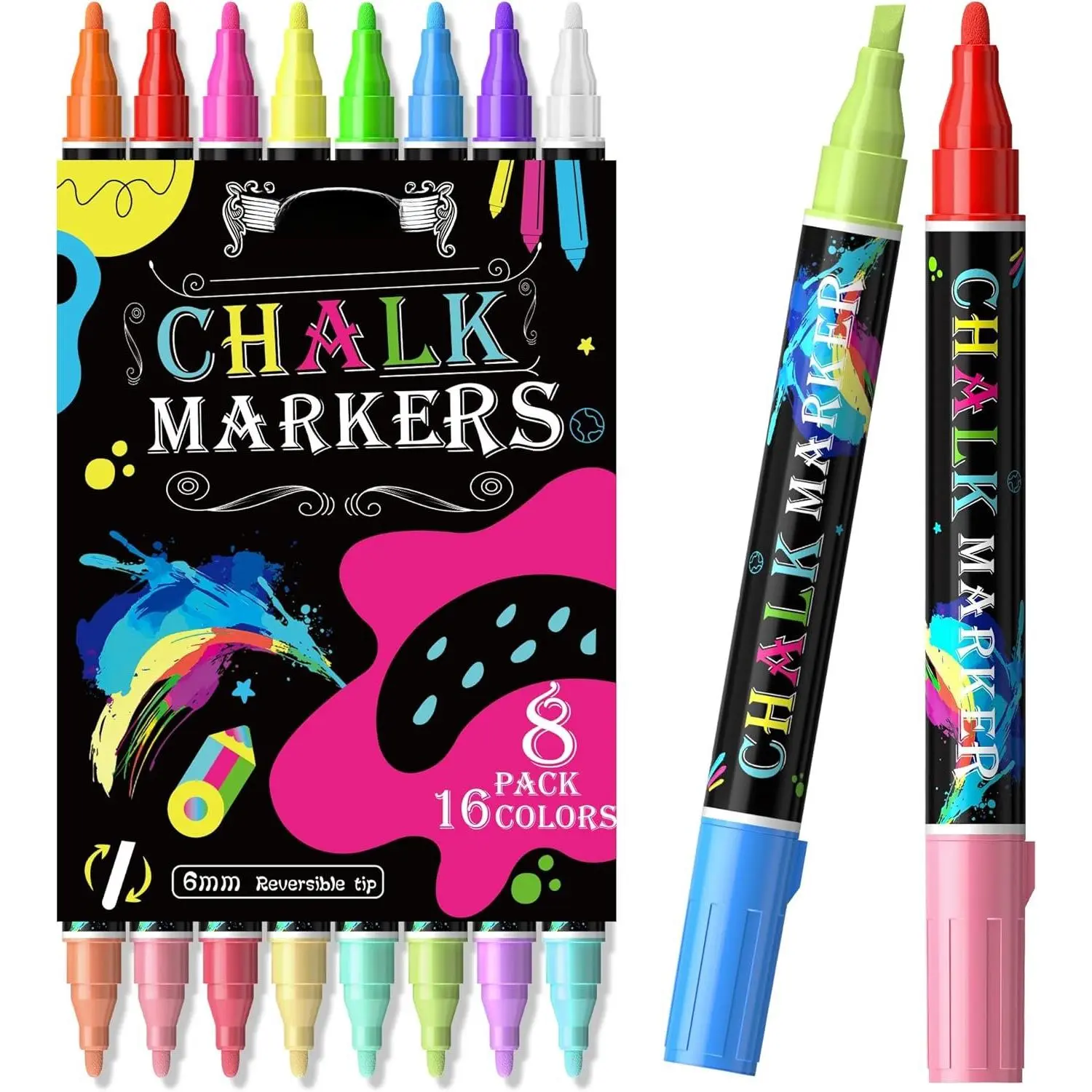 16 Colors 8 Pack  Tip Liquid Chalk Markers Erasable for Blackboard, Chalkboards Signs,  Windows, Glass, Menu, Planner, Reversible Tip Chalk Pens for Tip  of School Sign