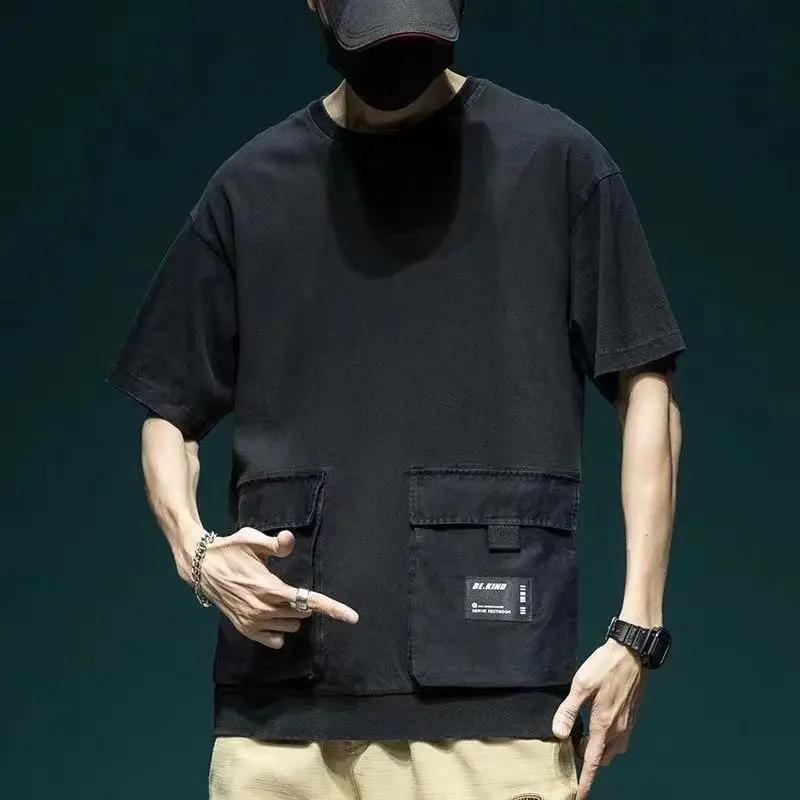 Kyn Apparel Men Cargo Short Sleeve T-shirt Cotton Round Collar Sports Pocket Running Tee High Street Dropped Shoulder Half Sleeve T-Shirts