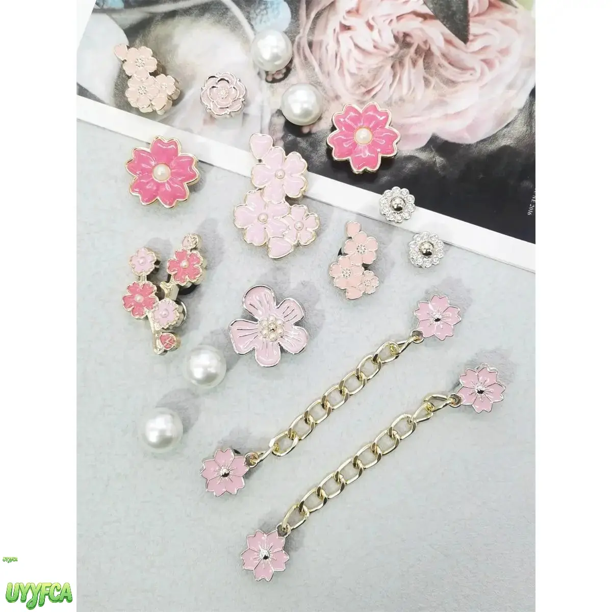 16 Pack Pink Cherry Blossom Enamel Shoe Charms Set, Faux Pearl Rhinestone Floral Chain Decorative Ornaments, Waterproof Reusable Metal Flower Clog Pins, Cute Aesthetic DIY Shoe Accessories For Clogs Sandals Sneakers Teen Girls Daily Y2K Outfit Decor