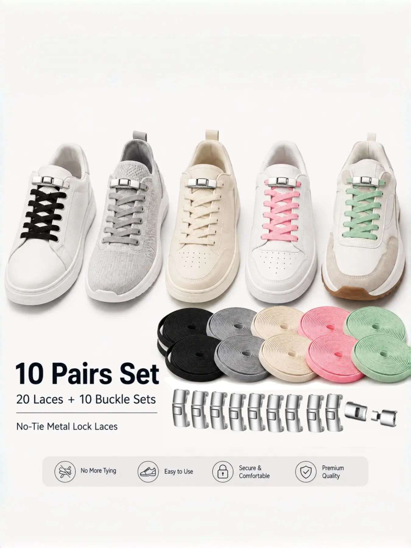 10 Pairs Flat Shoelace Set with Metal Buckles, Replacement Laces for Sports and Casual Shoes, All Seasons Solid Pattern