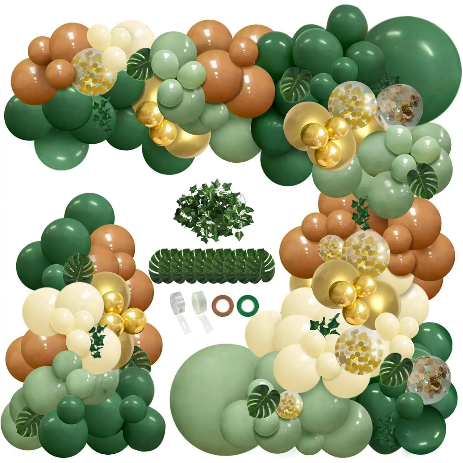 148 pcs Safari Jungle Balloon Arch Kit, Sage Green Brown Wild Balloon Garland with Palm Leaves, for Woodland Tropical Birthday Party Supplies Shower Decoration