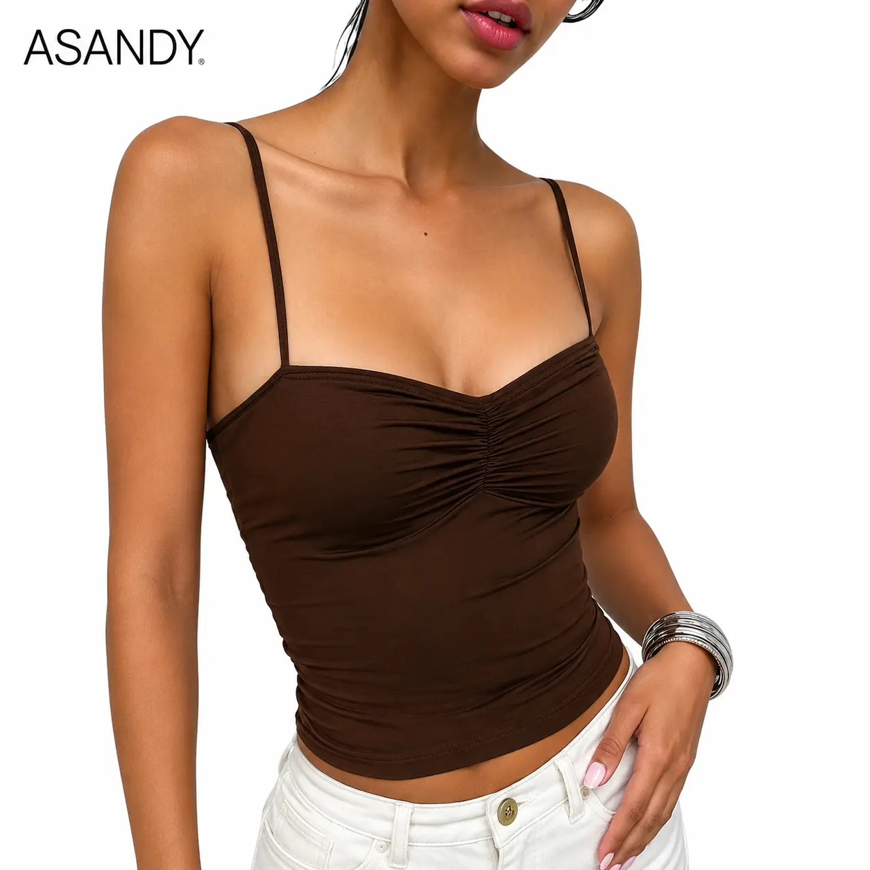 ASANDY Women's Ruched Front Spaghetti Strap Crop Top, Slim Fit Stretch Knit Cami Tank, Soft Skin-Friendly Bodycon Camisole for Going Out, Club, Streetwear, Vacation & Summer Daily Wear