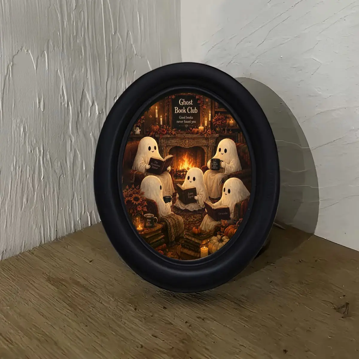 Vintage Fireplace Ghost Reading Club Wall Art, Decorative Artwork, Oval Frame, Halloween Christmas Thanksgiving Decor, Elegant Living Room Office Decoration, Decoration Items