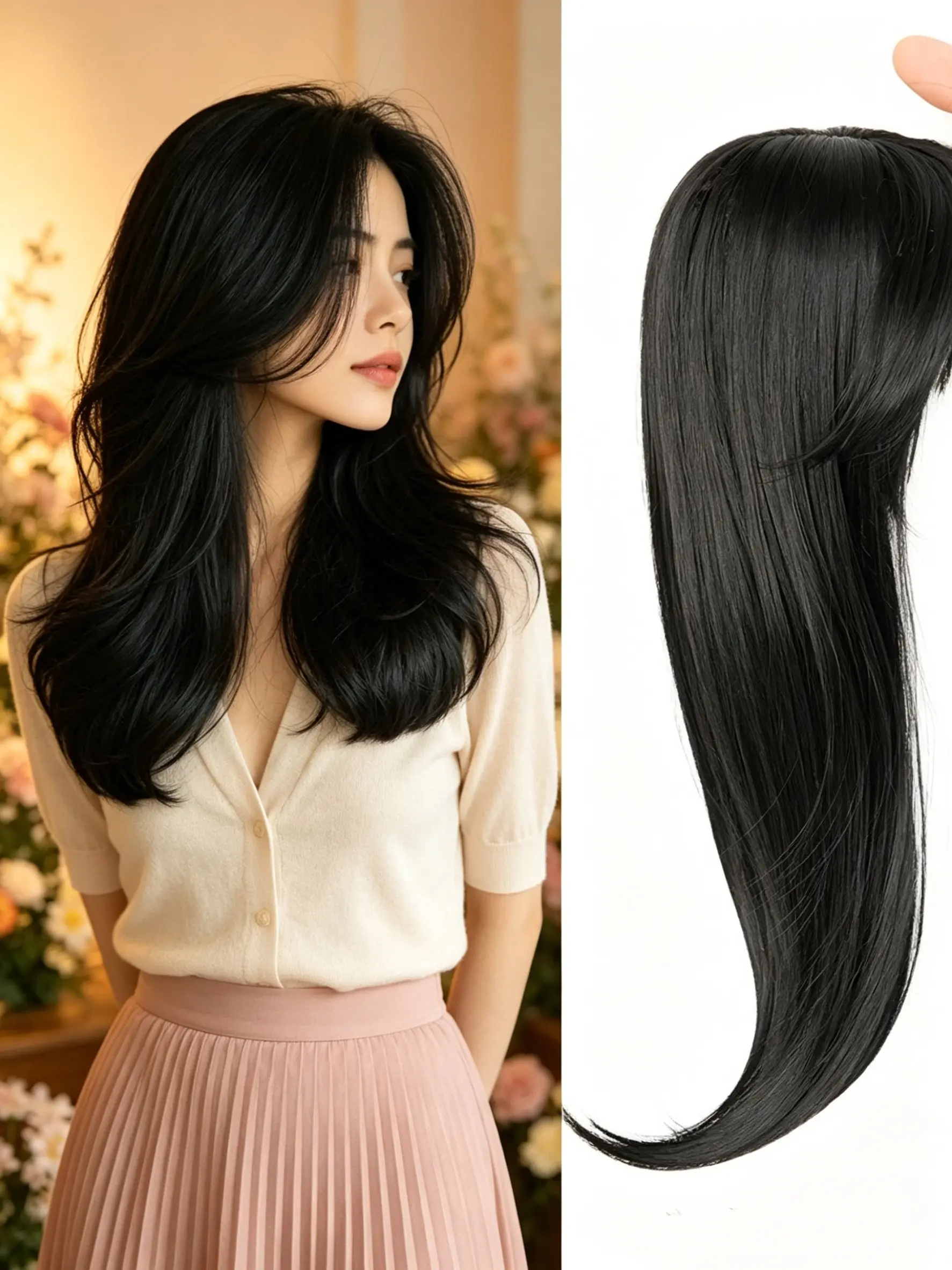 🤯No more visible thin crown roots! This shiny jet black layered hair topper with wispy bangs clips on in seconds, lifelike Kanekalon strands create soft natural volume for work and beach dates #BeautyHacksForWomen