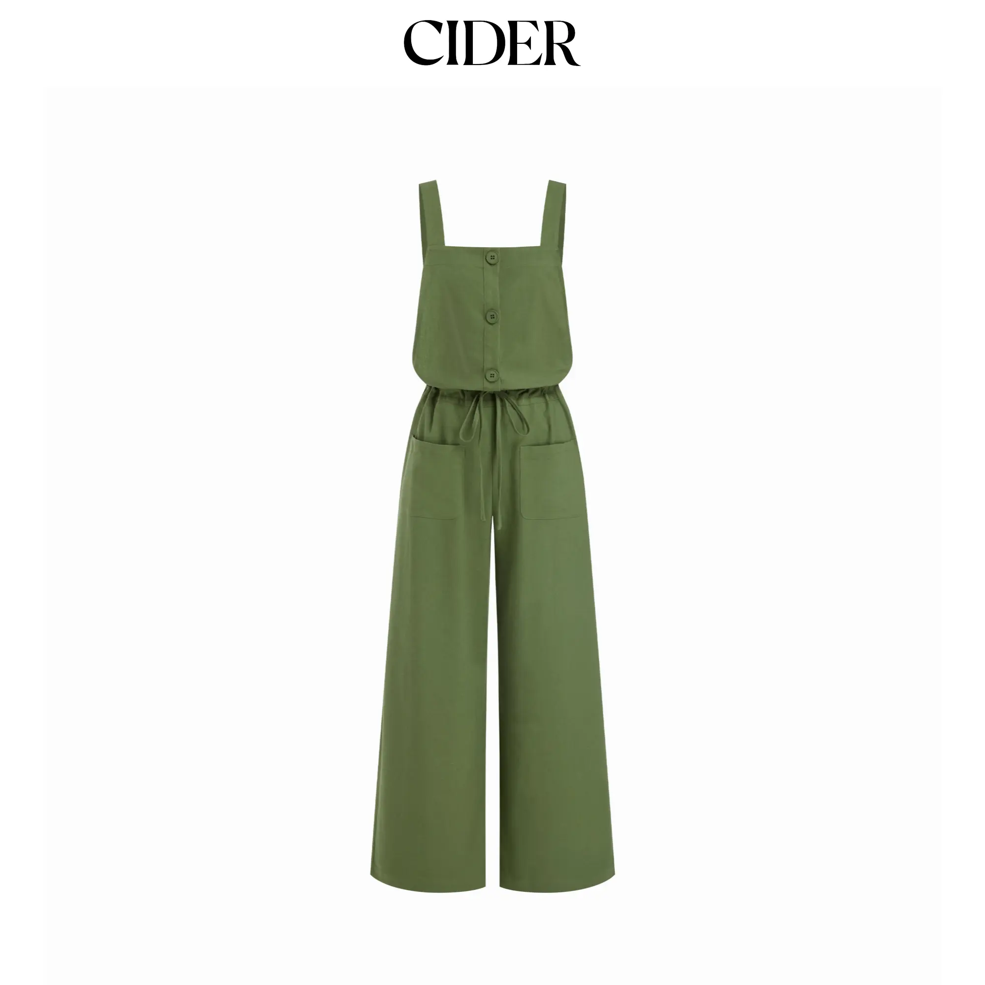 Cider Linen-blend Square Neck Mid Rise Drawstring Oversized Wide Leg Jumpsuit