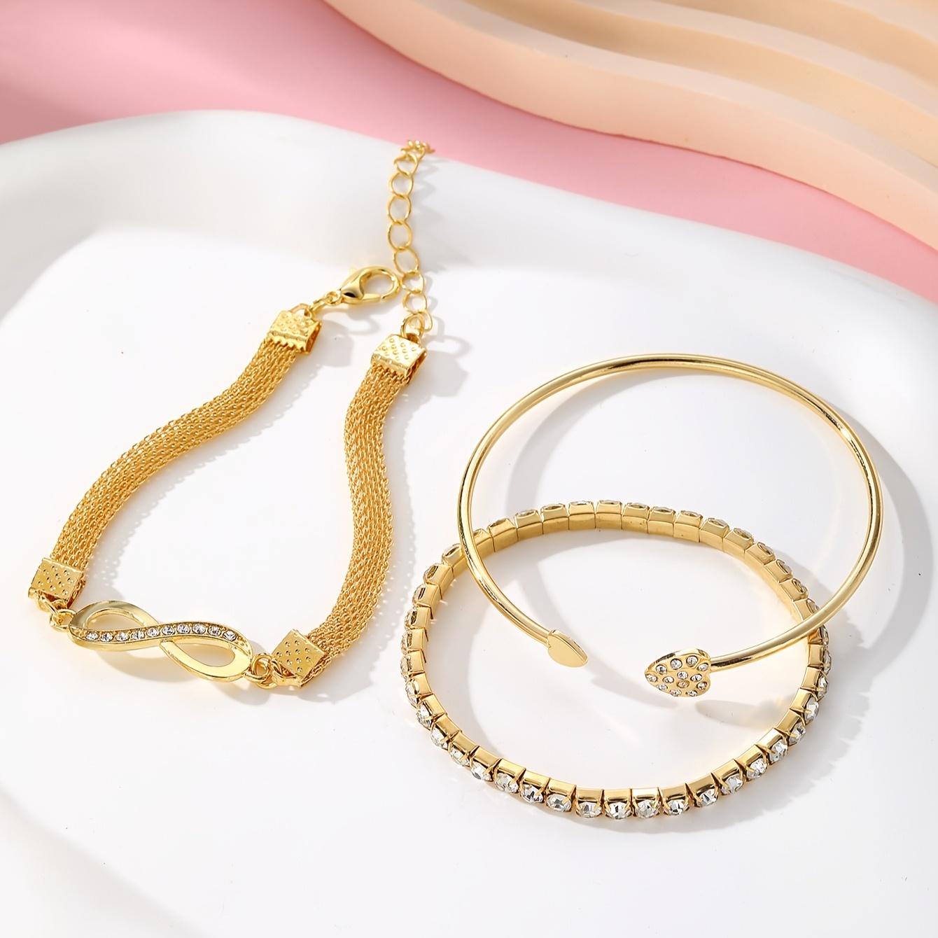 3 Pcs Vintage Elegant Rhinestone Bracelet Set - Adjustable Heart & Infinity Symbol Bangle, Stylish Alloy Open Cuff for Daily Wear & Gift Occasions