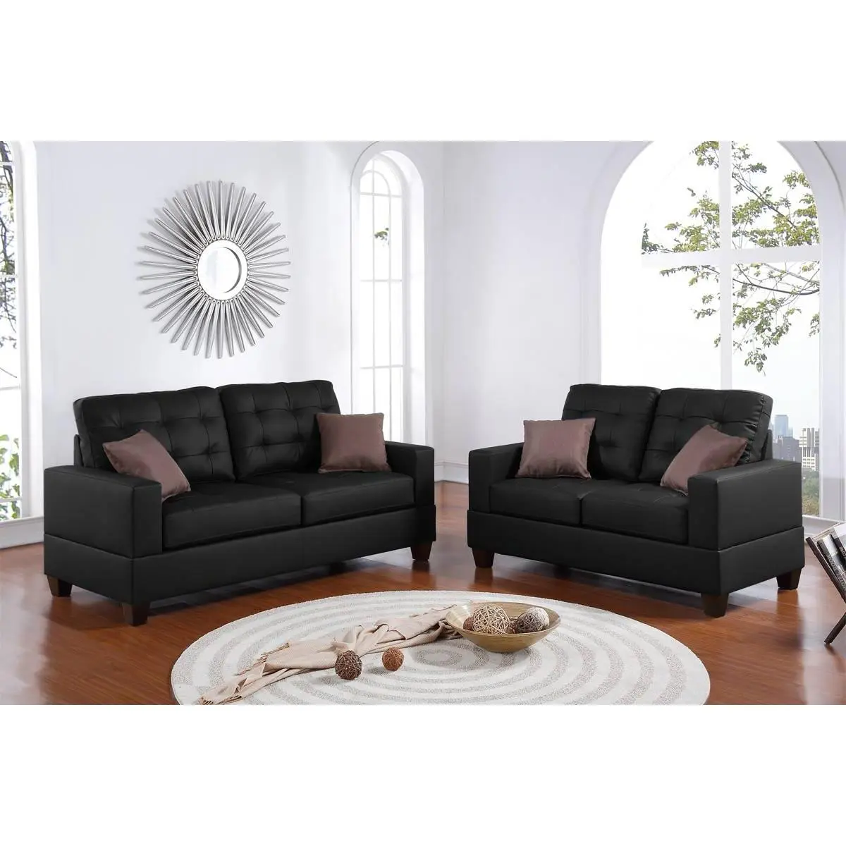 2-Piece Living Room Sofa Set with Loveseat, Black Faux Upholstered Tufted Couch and Loveseat with Pillows, Solid Wood Legs, Contemporary Modern 4-Seat Seating for Primary Living Space