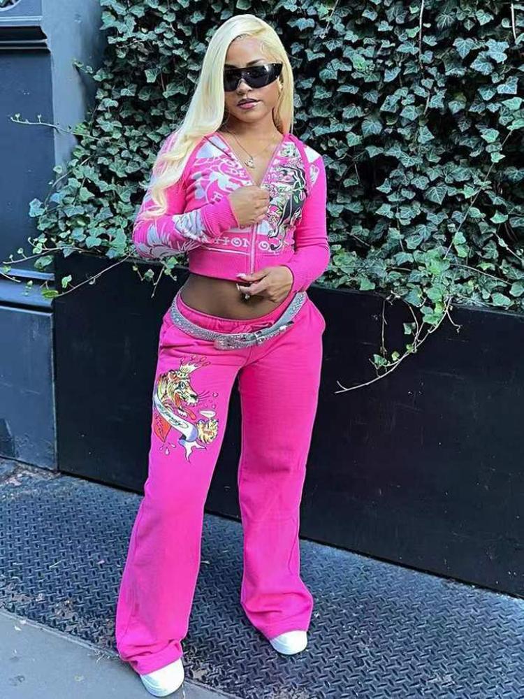 2 Piece Sets Womens Clothing Letter Print Sweatsuit  Zipper  and Sweat Pants Suits Tracksuit Set Womenswear Comfort Fitted Hot Pink Hoodie