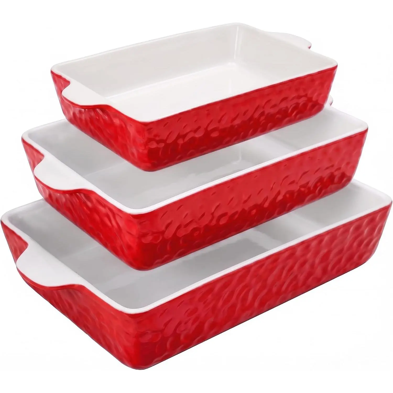 3-Piece Ceramic Casserole Dish for Oven - Premium Lasagna Baking Pans w/ Nonstick Coating & Built-In Handles - Dishwasher & Microwave Safe - 14" x 8", 10" x 6", 7" x 5" - Red