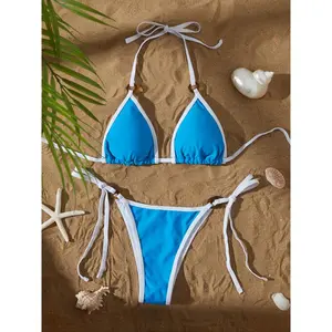 Two-Piece Set Women's Contrast Binding Ring Linked Set for Summer 2026, Casual Halter Triangle Swim Bra & Tie Side Swim Bottom, Ladies Summer Swimwear Linked Bikinis Sets Swimsuit Set, Boho Style, Vacation Style