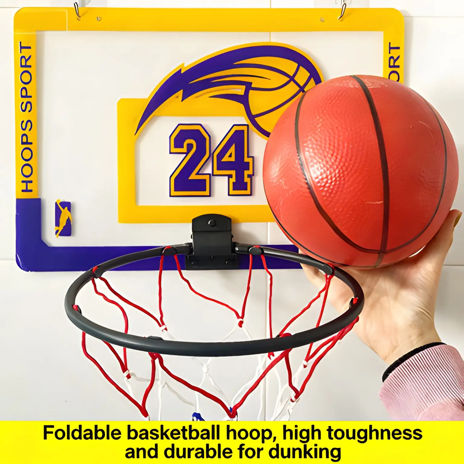 Wall-Mounted No-Drill Basketball Hoop for Office, Indoor Shooting Toy for Adults, Teens, Kids, Includes Dedicated Basketballs