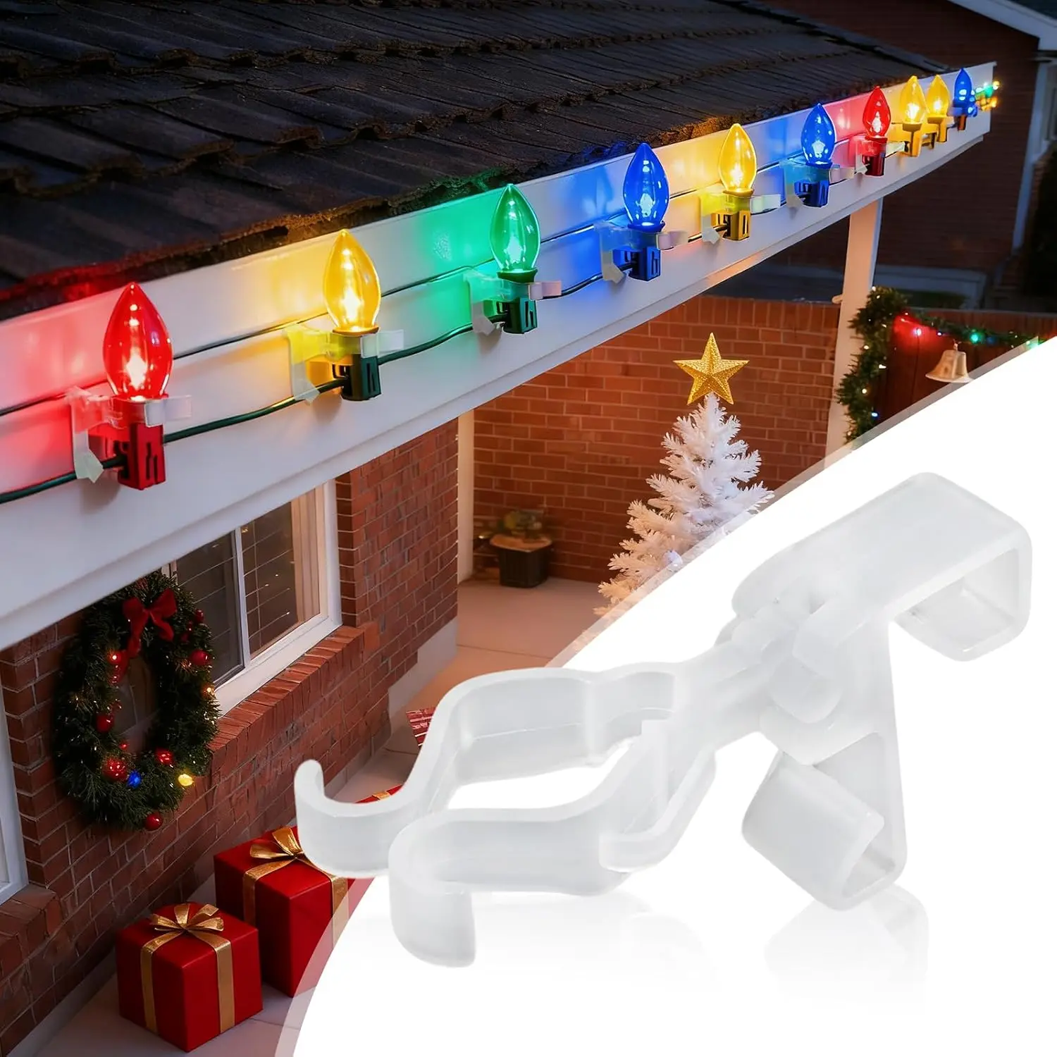 50 count Adjustable Christmas Light Clips, Weatherproof 4-in-1 Gutter Clips for C7 C9 C3 Mini String Lights, No Tools Needed Plastic Hooks for Outdoor Holiday Decorations (50)